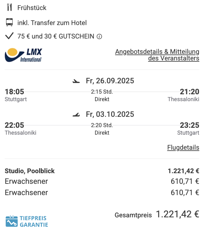 Dieses Angebot ist nur ein Beispiel, Abflughäfen und Reisedaten könnt ihr ganz einfach unter "𝗭𝗨𝗠 𝗗𝗘𝗔𝗟" individuell einstellen. Reisepreise, vor allem bei Lastminute-Abreisen, können sich außerdem rasant ändern; sollte dieser Dealpreis nicht mehr verfügbar sein, dann zeigt euch unser System automatisch den neuen Bestpreis an. 😊