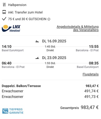 Dieses Angebot ist nur ein Beispiel, Abflughäfen und Reisedaten könnt ihr ganz einfach unter "𝗭𝗨𝗠 𝗗𝗘𝗔𝗟" individuell einstellen. Reisepreise, vor allem bei Lastminute-Abreisen, können sich außerdem rasant ändern; sollte dieser Dealpreis nicht mehr verfügbar sein, dann zeigt euch unser System automatisch den neuen Bestpreis an. 😊