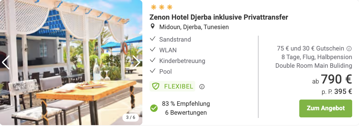 Dieses Angebot ist nur ein Beispiel, Abflughäfen und Reisedaten könnt ihr ganz einfach unter "𝗭𝗨𝗠 𝗗𝗘𝗔𝗟" individuell einstellen. Reisepreise, vor allem bei Lastminute-Abreisen, können sich außerdem rasant ändern; sollte dieser Dealpreis nicht mehr verfügbar sein, dann zeigt euch unser System automatisch den neuen Bestpreis an. 😊