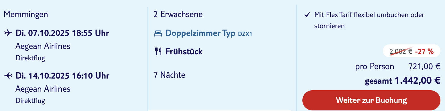 Dieses Angebot ist nur ein Beispiel, Abflughäfen und Reisedaten könnt ihr ganz einfach unter "𝗭𝗨𝗠 𝗗𝗘𝗔𝗟" individuell einstellen. Reisepreise, vor allem bei Lastminute-Abreisen, können sich außerdem rasant ändern; sollte dieser Dealpreis nicht mehr verfügbar sein, dann zeigt euch unser System automatisch den neuen Bestpreis an. 😊