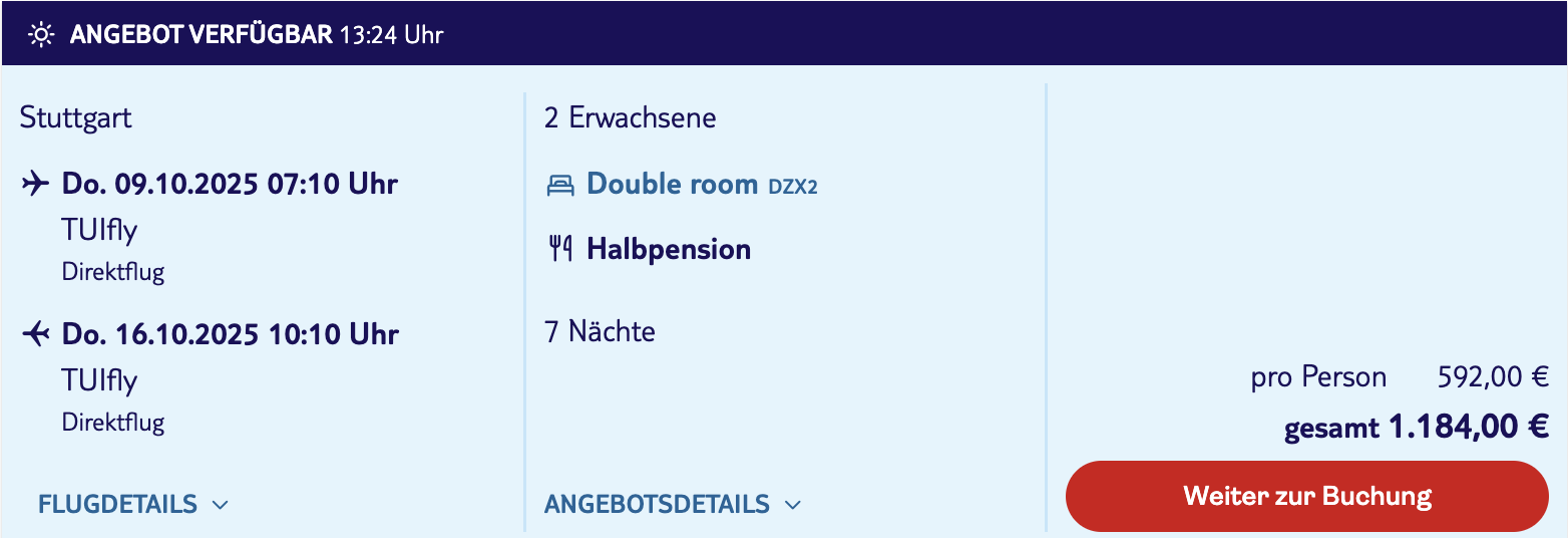 Dieses Angebot ist nur ein Beispiel, Abflughäfen und Reisedaten könnt ihr ganz einfach unter "𝗭𝗨𝗠 𝗗𝗘𝗔𝗟" individuell einstellen. Reisepreise, vor allem bei Lastminute-Abreisen, können sich außerdem rasant ändern; sollte dieser Dealpreis nicht mehr verfügbar sein, dann zeigt euch unser System automatisch den neuen Bestpreis an. 😊