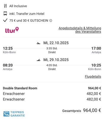 Dieses Angebot ist nur ein Beispiel, Abflughäfen und Reisedaten könnt ihr ganz einfach unter "𝗭𝗨𝗠 𝗗𝗘𝗔𝗟" individuell einstellen. Reisepreise, vor allem bei Lastminute-Abreisen, können sich außerdem rasant ändern; sollte dieser Dealpreis nicht mehr verfügbar sein, dann zeigt euch unser System automatisch den neuen Bestpreis an. 😊