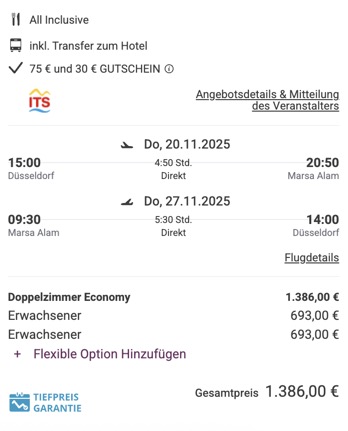 Dieses Angebot ist nur ein Beispiel, Abflughäfen und Reisedaten könnt ihr ganz einfach unter "𝗭𝗨𝗠 𝗗𝗘𝗔𝗟" individuell einstellen. Reisepreise, vor allem bei Lastminute-Abreisen, können sich außerdem rasant ändern; sollte dieser Dealpreis nicht mehr verfügbar sein, dann zeigt euch unser System automatisch den neuen Bestpreis an. 😊