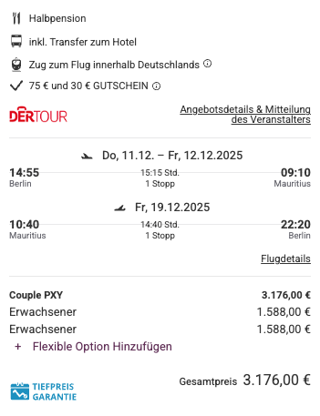 Dieses Angebot ist nur ein Beispiel, Abflughäfen und Reisedaten könnt ihr ganz einfach unter "𝗭𝗨𝗠 𝗗𝗘𝗔𝗟" individuell einstellen. Reisepreise, vor allem bei Lastminute-Abreisen, können sich außerdem rasant ändern; sollte dieser Dealpreis nicht mehr verfügbar sein, dann zeigt euch unser System automatisch den neuen Bestpreis an. 😊