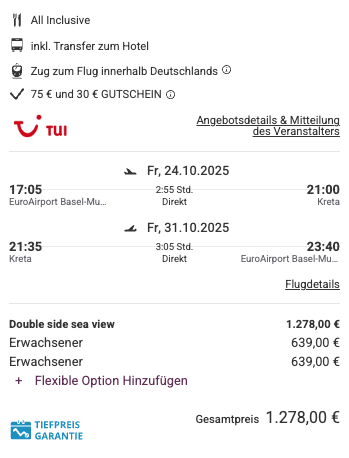 Dieses Angebot ist nur ein Beispiel, Abflughäfen und Reisedaten könnt ihr ganz einfach unter "𝗭𝗨𝗠 𝗗𝗘𝗔𝗟" individuell einstellen. Reisepreise, vor allem bei Lastminute-Abreisen, können sich außerdem rasant ändern; sollte dieser Dealpreis nicht mehr verfügbar sein, dann zeigt euch unser System automatisch den neuen Bestpreis an.