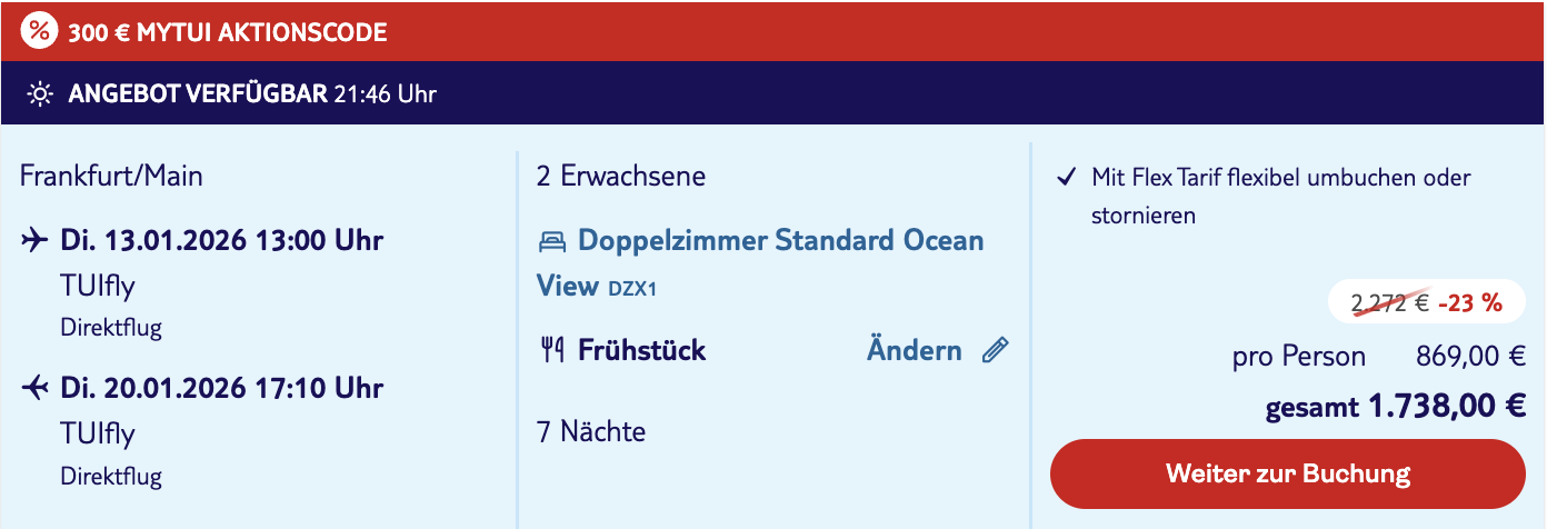 Dieses Angebot ist nur ein Beispiel, Abflughäfen und Reisedaten könnt ihr ganz einfach unter "𝗭𝗨𝗠 𝗗𝗘𝗔𝗟" individuell einstellen. Reisepreise, vor allem bei Lastminute-Abreisen, können sich außerdem rasant ändern; sollte dieser Dealpreis nicht mehr verfügbar sein, dann zeigt euch unser System automatisch den neuen Bestpreis an. 😊