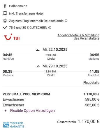Dieses Angebot ist nur ein Beispiel, Abflughäfen und Reisedaten könnt ihr ganz einfach unter "𝗭𝗨𝗠 𝗗𝗘𝗔𝗟" individuell einstellen. Reisepreise, vor allem bei Lastminute-Abreisen, können sich außerdem rasant ändern; sollte dieser Dealpreis nicht mehr verfügbar sein, dann zeigt euch unser System automatisch den neuen Bestpreis an. 😊