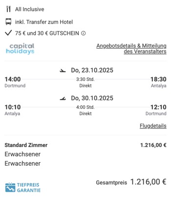 Dieses Angebot ist nur ein Beispiel, Abflughäfen und Reisedaten könnt ihr ganz einfach unter "𝗭𝗨𝗠 𝗗𝗘𝗔𝗟" individuell einstellen. Reisepreise, vor allem bei Lastminute-Abreisen, können sich außerdem rasant ändern; sollte dieser Dealpreis nicht mehr verfügbar sein, dann zeigt euch unser System automatisch den neuen Bestpreis an. 😊