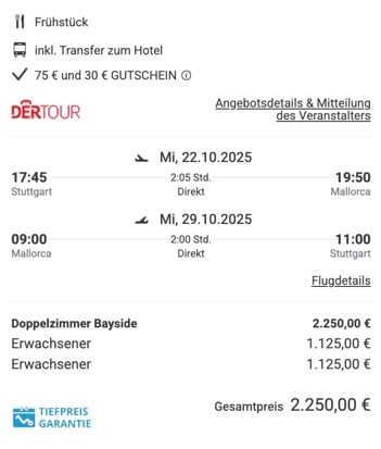 Dieses Angebot ist nur ein Beispiel, Abflughäfen und Reisedaten könnt ihr ganz einfach unter "𝗭𝗨𝗠 𝗗𝗘𝗔𝗟" individuell einstellen. Reisepreise, vor allem bei Lastminute-Abreisen, können sich außerdem rasant ändern; sollte dieser Dealpreis nicht mehr verfügbar sein, dann zeigt euch unser System automatisch den neuen Bestpreis an. 😊
