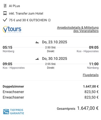 Dieses Angebot ist nur ein Beispiel, Abflughäfen und Reisedaten könnt ihr ganz einfach unter "𝗭𝗨𝗠 𝗗𝗘𝗔𝗟" individuell einstellen. Reisepreise, vor allem bei Lastminute-Abreisen, können sich außerdem rasant ändern; sollte dieser Dealpreis nicht mehr verfügbar sein, dann zeigt euch unser System automatisch den neuen Bestpreis an. 😊