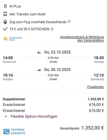 Dieses Angebot ist nur ein Beispiel, Abflughäfen und Reisedaten könnt ihr ganz einfach unter "𝗭𝗨𝗠 𝗗𝗘𝗔𝗟" individuell einstellen. Reisepreise, vor allem bei Lastminute-Abreisen, können sich außerdem rasant ändern; sollte dieser Dealpreis nicht mehr verfügbar sein, dann zeigt euch unser System automatisch den neuen Bestpreis an. 😊