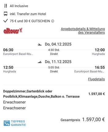 Dieses Angebot ist nur ein Beispiel, Abflughäfen und Reisedaten könnt ihr ganz einfach unter "𝗭𝗨𝗠 𝗗𝗘𝗔𝗟" individuell einstellen. Reisepreise, vor allem bei Lastminute-Abreisen, können sich außerdem rasant ändern; sollte dieser Dealpreis nicht mehr verfügbar sein, dann zeigt euch unser System automatisch den neuen Bestpreis an. 😊