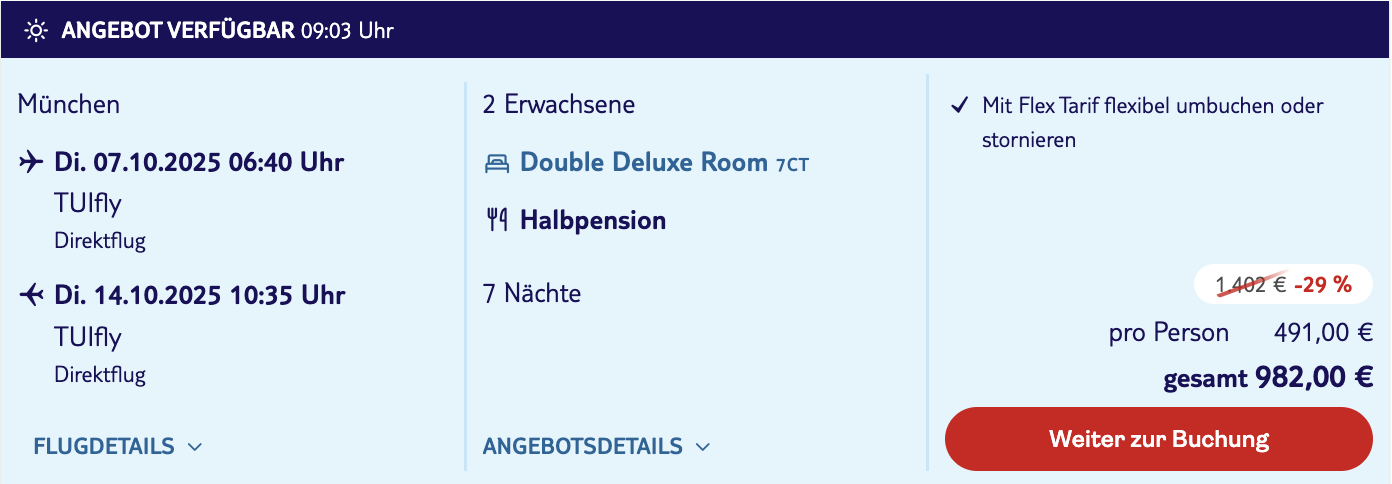 Dieses Angebot ist nur ein Beispiel, Abflughäfen und Reisedaten könnt ihr ganz einfach unter "𝗭𝗨𝗠 𝗗𝗘𝗔𝗟" individuell einstellen. Reisepreise, vor allem bei Lastminute-Abreisen, können sich außerdem rasant ändern; sollte dieser Dealpreis nicht mehr verfügbar sein, dann zeigt euch unser System automatisch den neuen Bestpreis an.
