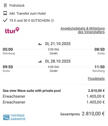 Dieses Angebot ist nur ein Beispiel, Abflughäfen und Reisedaten könnt ihr ganz einfach unter "𝗭𝗨𝗠 𝗗𝗘𝗔𝗟" individuell einstellen. Reisepreise, vor allem bei Lastminute-Abreisen, können sich außerdem rasant ändern; sollte dieser Dealpreis nicht mehr verfügbar sein, dann zeigt euch unser System automatisch den neuen Bestpreis an. 😊