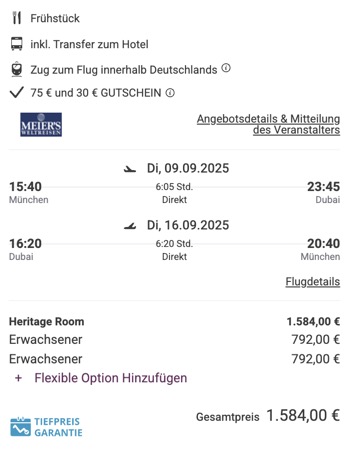 Dieses Angebot ist nur ein Beispiel, Abflughäfen und Reisedaten könnt ihr ganz einfach unter "𝗭𝗨𝗠 𝗗𝗘𝗔𝗟" individuell einstellen. Reisepreise, vor allem bei Lastminute-Abreisen, können sich außerdem rasant ändern; sollte dieser Dealpreis nicht mehr verfügbar sein, dann zeigt euch unser System automatisch den neuen Bestpreis an. 😊