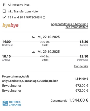 Dieses Angebot ist nur ein Beispiel, Abflughäfen und Reisedaten könnt ihr ganz einfach unter "𝗭𝗨𝗠 𝗗𝗘𝗔𝗟" individuell einstellen. Reisepreise, vor allem bei Lastminute-Abreisen, können sich außerdem rasant ändern; sollte dieser Dealpreis nicht mehr verfügbar sein, dann zeigt euch unser System automatisch den neuen Bestpreis an. 😊