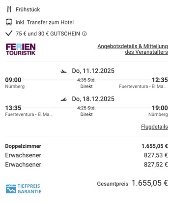 Dieses Angebot ist nur ein Beispiel, Abflughäfen und Reisedaten könnt ihr ganz einfach unter "𝗭𝗨𝗠 𝗗𝗘𝗔𝗟" individuell einstellen. Reisepreise, vor allem bei Lastminute-Abreisen, können sich außerdem rasant ändern; sollte dieser Dealpreis nicht mehr verfügbar sein, dann zeigt euch unser System automatisch den neuen Bestpreis an. 😊
