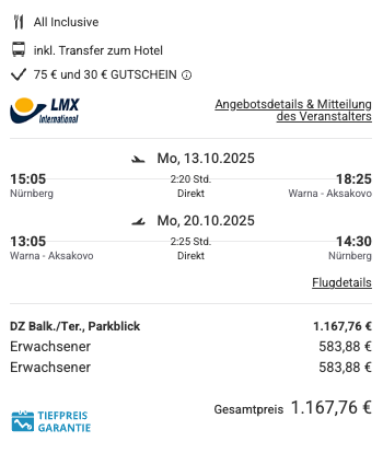 Dieses Angebot ist nur ein Beispiel, Abflughäfen und Reisedaten könnt ihr ganz einfach unter "𝗭𝗨𝗠 𝗗𝗘𝗔𝗟" individuell einstellen. Reisepreise, vor allem bei Lastminute-Abreisen, können sich außerdem rasant ändern; sollte dieser Dealpreis nicht mehr verfügbar sein, dann zeigt euch unser System automatisch den neuen Bestpreis an. 😊