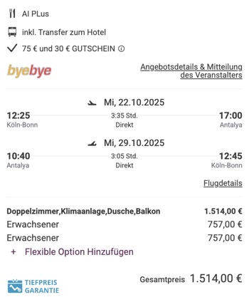 Dieses Angebot ist nur ein Beispiel, Abflughäfen und Reisedaten könnt ihr ganz einfach unter "𝗭𝗨𝗠 𝗗𝗘𝗔𝗟" individuell einstellen. Reisepreise, vor allem bei Lastminute-Abreisen, können sich außerdem rasant ändern; sollte dieser Dealpreis nicht mehr verfügbar sein, dann zeigt euch unser System automatisch den neuen Bestpreis an. 😊