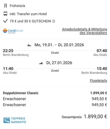 Dieses Angebot ist nur ein Beispiel, Abflughäfen und Reisedaten könnt ihr ganz einfach unter "𝗭𝗨𝗠 𝗗𝗘𝗔𝗟" individuell einstellen. Reisepreise, vor allem bei Lastminute-Abreisen, können sich außerdem rasant ändern; sollte dieser Dealpreis nicht mehr verfügbar sein, dann zeigt euch unser System automatisch den neuen Bestpreis an. 😊