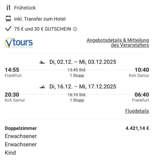 Dieses Angebot ist nur ein Beispiel, Abflughäfen und Reisedaten könnt ihr ganz einfach unter "𝗭𝗨𝗠 𝗗𝗘𝗔𝗟" individuell einstellen. Reisepreise, vor allem bei Lastminute-Abreisen, können sich außerdem rasant ändern; sollte dieser Dealpreis nicht mehr verfügbar sein, dann zeigt euch unser System automatisch den neuen Bestpreis an. 😊