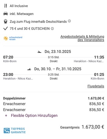 Dieses Angebot ist nur ein Beispiel, Abflughäfen und Reisedaten könnt ihr ganz einfach unter "𝗭𝗨𝗠 𝗗𝗘𝗔𝗟" individuell einstellen. Reisepreise, vor allem bei Lastminute-Abreisen, können sich außerdem rasant ändern; sollte dieser Dealpreis nicht mehr verfügbar sein, dann zeigt euch unser System automatisch den neuen Bestpreis an. 😊