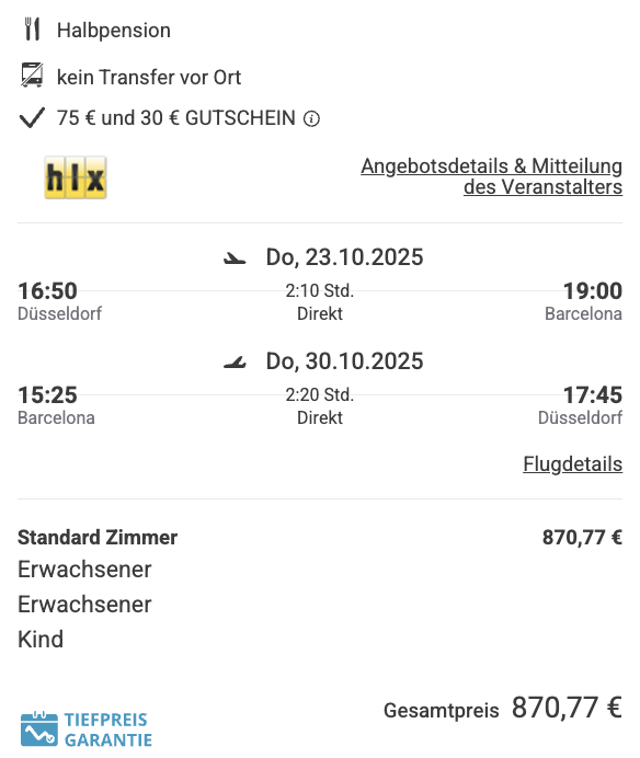 Dieses Angebot ist nur ein Beispiel, Abflughäfen und Reisedaten könnt ihr ganz einfach unter "𝗭𝗨𝗠 𝗗𝗘𝗔𝗟" individuell einstellen. Reisepreise, vor allem bei Lastminute-Abreisen, können sich außerdem rasant ändern; sollte dieser Dealpreis nicht mehr verfügbar sein, dann zeigt euch unser System automatisch den neuen Bestpreis an. 😊