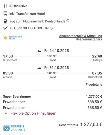 Dieses Angebot ist nur ein Beispiel, Abflughäfen und Reisedaten könnt ihr ganz einfach unter "𝗭𝗨𝗠 𝗗𝗘𝗔𝗟" individuell einstellen. Reisepreise, vor allem bei Lastminute-Abreisen, können sich außerdem rasant ändern; sollte dieser Dealpreis nicht mehr verfügbar sein, dann zeigt euch unser System automatisch den neuen Bestpreis an. 😊