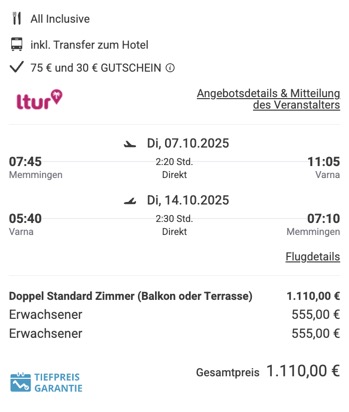 Dieses Angebot ist nur ein Beispiel, Abflughäfen und Reisedaten könnt ihr ganz einfach unter "𝗭𝗨𝗠 𝗗𝗘𝗔𝗟" individuell einstellen. Reisepreise, vor allem bei Lastminute-Abreisen, können sich außerdem rasant ändern; sollte dieser Dealpreis nicht mehr verfügbar sein, dann zeigt euch unser System automatisch den neuen Bestpreis an. 😊