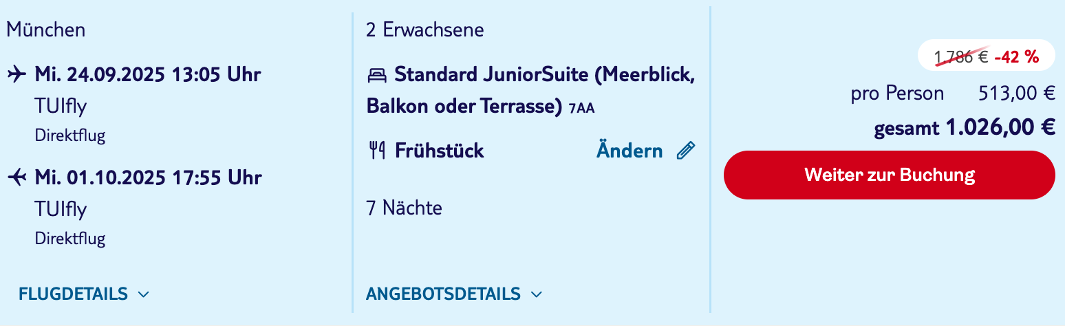Dieses Angebot ist nur ein Beispiel, Abflughäfen und Reisedaten könnt ihr ganz einfach unter "𝗭𝗨𝗠 𝗗𝗘𝗔𝗟" individuell einstellen. Reisepreise, vor allem bei Lastminute-Abreisen, können sich außerdem rasant ändern; sollte dieser Dealpreis nicht mehr verfügbar sein, dann zeigt euch unser System automatisch den neuen Bestpreis an. 😊