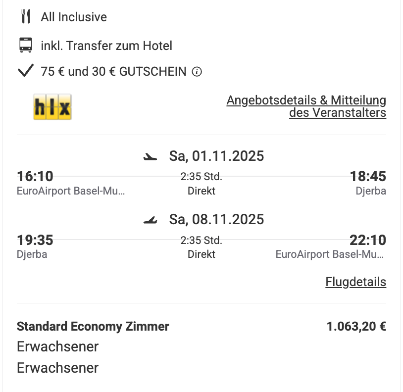 Dieses Angebot ist nur ein Beispiel, Abflughäfen und Reisedaten könnt ihr ganz einfach unter "𝗭𝗨𝗠 𝗗𝗘𝗔𝗟" individuell einstellen. Reisepreise, vor allem bei Lastminute-Abreisen, können sich außerdem rasant ändern; sollte dieser Dealpreis nicht mehr verfügbar sein, dann zeigt euch unser System automatisch den neuen Bestpreis an. 😊