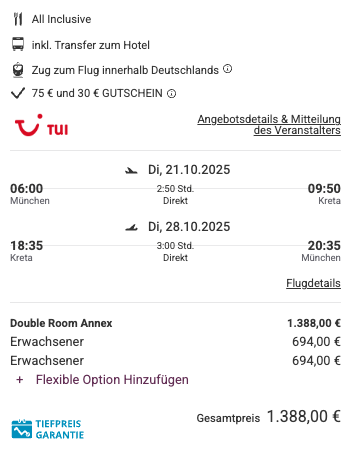  Dieses Angebot ist nur ein Beispiel, Abflughäfen und Reisedaten könnt ihr ganz einfach unter "𝗭𝗨𝗠 𝗗𝗘𝗔𝗟" individuell einstellen. Reisepreise, vor allem bei Lastminute-Abreisen, können sich außerdem rasant ändern; sollte dieser Dealpreis nicht mehr verfügbar sein, dann zeigt euch unser System automatisch den neuen Bestpreis an. 😊