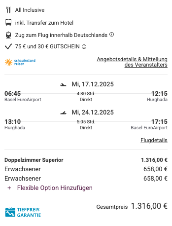 Dieses Angebot ist nur ein Beispiel, Abflughäfen und Reisedaten könnt ihr ganz einfach unter "𝗭𝗨𝗠 𝗗𝗘𝗔𝗟" individuell einstellen. Reisepreise, vor allem bei Lastminute-Abreisen, können sich außerdem rasant ändern; sollte dieser Dealpreis nicht mehr verfügbar sein, dann zeigt euch unser System automatisch den neuen Bestpreis an. 😊