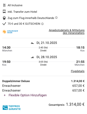 Dieses Angebot ist nur ein Beispiel, Abflughäfen und Reisedaten könnt ihr ganz einfach unter "𝗭𝗨𝗠 𝗗𝗘𝗔𝗟" individuell einstellen. Reisepreise, vor allem bei Lastminute-Abreisen, können sich außerdem rasant ändern; sollte dieser Dealpreis nicht mehr verfügbar sein, dann zeigt euch unser System automatisch den neuen Bestpreis an. 😊