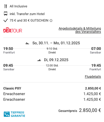 Dieses Angebot ist nur ein Beispiel, Abflughäfen und Reisedaten könnt ihr ganz einfach unter "𝗭𝗨𝗠 𝗗𝗘𝗔𝗟" individuell einstellen. Reisepreise, vor allem bei Lastminute-Abreisen, können sich außerdem rasant ändern; sollte dieser Dealpreis nicht mehr verfügbar sein, dann zeigt euch unser System automatisch den neuen Bestpreis an. 😊