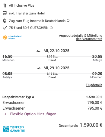 Dieses Angebot ist nur ein Beispiel, Abflughäfen und Reisedaten könnt ihr ganz einfach unter "𝗭𝗨𝗠 𝗗𝗘𝗔𝗟" individuell einstellen. Reisepreise, vor allem bei Lastminute-Abreisen, können sich außerdem rasant ändern; sollte dieser Dealpreis nicht mehr verfügbar sein, dann zeigt euch unser System automatisch den neuen Bestpreis an. 😊
