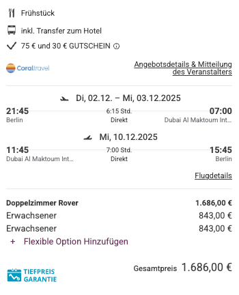 Dieses Angebot ist nur ein Beispiel, Abflughäfen und Reisedaten könnt ihr ganz einfach unter "𝗭𝗨𝗠 𝗗𝗘𝗔𝗟" individuell einstellen. Reisepreise, vor allem bei Lastminute-Abreisen, können sich außerdem rasant ändern; sollte dieser Dealpreis nicht mehr verfügbar sein, dann zeigt euch unser System automatisch den neuen Bestpreis an. 😊