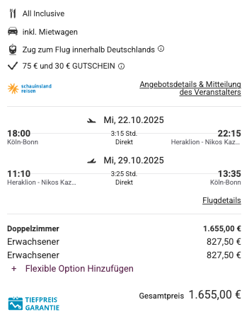 Dieses Angebot ist nur ein Beispiel, Abflughäfen und Reisedaten könnt ihr ganz einfach unter "𝗭𝗨𝗠 𝗗𝗘𝗔𝗟" individuell einstellen. Reisepreise, vor allem bei Lastminute-Abreisen, können sich außerdem rasant ändern; sollte dieser Dealpreis nicht mehr verfügbar sein, dann zeigt euch unser System automatisch den neuen Bestpreis an. 😊