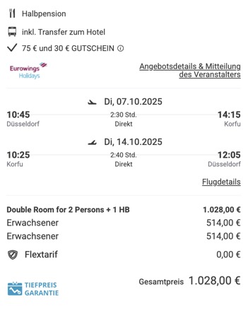 Dieses Angebot ist nur ein Beispiel, Abflughäfen und Reisedaten könnt ihr ganz einfach unter "𝗭𝗨𝗠 𝗗𝗘𝗔𝗟" individuell einstellen. Reisepreise, vor allem bei Lastminute-Abreisen, können sich außerdem rasant ändern; sollte dieser Dealpreis nicht mehr verfügbar sein, dann zeigt euch unser System automatisch den neuen Bestpreis an.