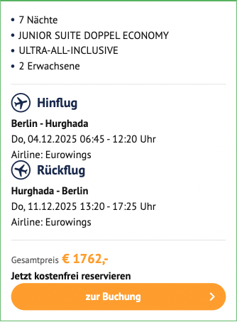 Dieses Angebot ist nur ein Beispiel, Abflughäfen und Reisedaten könnt ihr ganz einfach unter "𝗭𝗨𝗠 𝗗𝗘𝗔𝗟" individuell einstellen. Reisepreise, vor allem bei Lastminute-Abreisen, können sich außerdem rasant ändern; sollte dieser Dealpreis nicht mehr verfügbar sein, dann zeigt euch unser System automatisch den neuen Bestpreis an. 😊