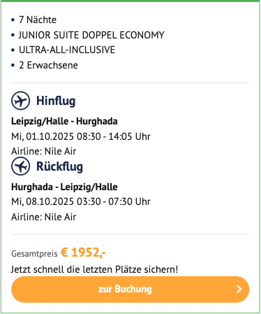 Dieses Angebot ist nur ein Beispiel, Abflughäfen und Reisedaten könnt ihr ganz einfach unter "𝗭𝗨𝗠 𝗗𝗘𝗔𝗟" individuell einstellen. Reisepreise, vor allem bei Lastminute-Abreisen, können sich außerdem rasant ändern; sollte dieser Dealpreis nicht mehr verfügbar sein, dann zeigt euch unser System automatisch den neuen Bestpreis an. 😊