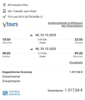 Dieses Angebot ist nur ein Beispiel, Abflughäfen und Reisedaten könnt ihr ganz einfach unter "𝗭𝗨𝗠 𝗗𝗘𝗔𝗟" individuell einstellen. Reisepreise, vor allem bei Lastminute-Abreisen, können sich außerdem rasant ändern; sollte dieser Dealpreis nicht mehr verfügbar sein, dann zeigt euch unser System automatisch den neuen Bestpreis an. 😊