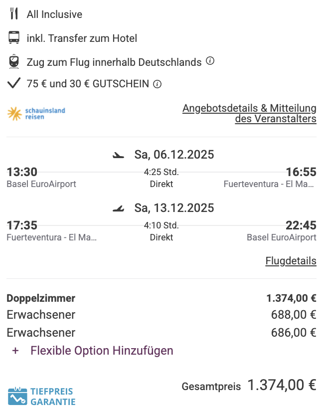Dieses Angebot ist nur ein Beispiel, Abflughäfen und Reisedaten könnt ihr ganz einfach unter "𝗭𝗨𝗠 𝗗𝗘𝗔𝗟" individuell einstellen. Reisepreise, vor allem bei Lastminute-Abreisen, können sich außerdem rasant ändern; sollte dieser Dealpreis nicht mehr verfügbar sein, dann zeigt euch unser System automatisch den neuen Bestpreis an. 😊