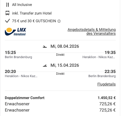 Dieses Angebot ist nur ein Beispiel, Abflughäfen und Reisedaten könnt ihr ganz einfach unter "𝗭𝗨𝗠 𝗗𝗘𝗔𝗟" individuell einstellen. Reisepreise, vor allem bei Lastminute-Abreisen, können sich außerdem rasant ändern; sollte dieser Dealpreis nicht mehr verfügbar sein, dann zeigt euch unser System automatisch den neuen Bestpreis an. 😊