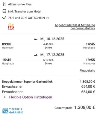 Dieses Angebot ist nur ein Beispiel, Abflughäfen und Reisedaten könnt ihr ganz einfach unter "𝗭𝗨𝗠 𝗗𝗘𝗔𝗟" individuell einstellen. Reisepreise, vor allem bei Lastminute-Abreisen, können sich außerdem rasant ändern; sollte dieser Dealpreis nicht mehr verfügbar sein, dann zeigt euch unser System automatisch den neuen Bestpreis an. 😊