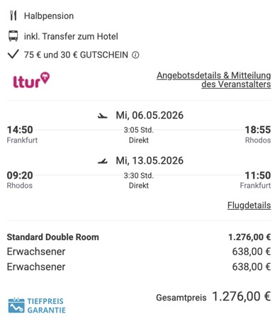 Dieses Angebot ist nur ein Beispiel, Abflughäfen und Reisedaten könnt ihr ganz einfach unter "𝗭𝗨𝗠 𝗗𝗘𝗔𝗟" individuell einstellen. Reisepreise, vor allem bei Lastminute-Abreisen, können sich außerdem rasant ändern; sollte dieser Dealpreis nicht mehr verfügbar sein, dann zeigt euch unser System automatisch den neuen Bestpreis an. 😊