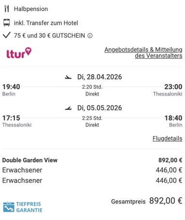 Dieses Angebot ist nur ein Beispiel, Abflughäfen und Reisedaten könnt ihr ganz einfach unter "𝗭𝗨𝗠 𝗗𝗘𝗔𝗟" individuell einstellen. Reisepreise, vor allem bei Lastminute-Abreisen, können sich außerdem rasant ändern; sollte dieser Dealpreis nicht mehr verfügbar sein, dann zeigt euch unser System automatisch den neuen Bestpreis an.