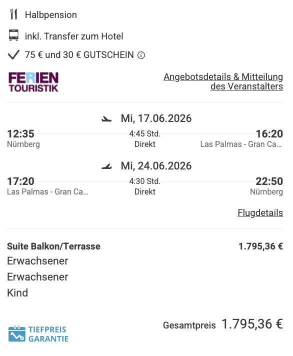 Dieses Angebot ist nur ein Beispiel, Abflughäfen und Reisedaten könnt ihr ganz einfach unter "𝗭𝗨𝗠 𝗗𝗘𝗔𝗟" individuell einstellen. Reisepreise, vor allem bei Lastminute-Abreisen, können sich außerdem rasant ändern; sollte dieser Dealpreis nicht mehr verfügbar sein, dann zeigt euch unser System automatisch den neuen Bestpreis an. 😊