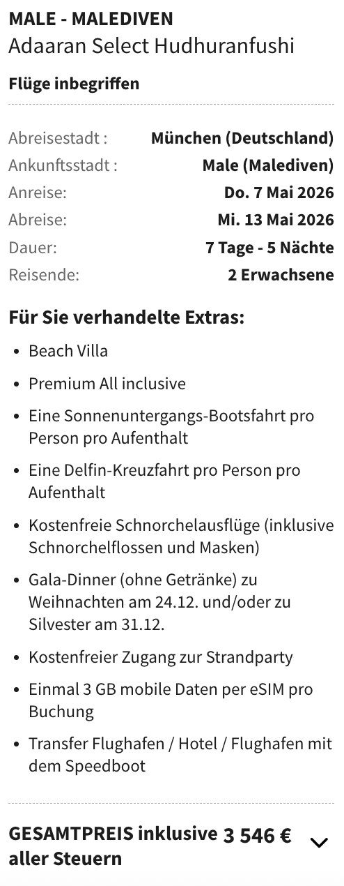 Dieses Angebot ist nur ein Beispiel, Abflughäfen und Reisedaten könnt ihr ganz einfach unter "𝗭𝗨𝗠 𝗗𝗘𝗔𝗟" individuell einstellen. Reisepreise, vor allem bei Lastminute-Abreisen, können sich außerdem rasant ändern; sollte dieser Dealpreis nicht mehr verfügbar sein, dann zeigt euch unser System automatisch den neuen Bestpreis an. 😊
