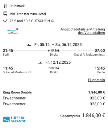 Dieses Angebot ist nur ein Beispiel, Abflughäfen und Reisedaten könnt ihr ganz einfach unter "𝗭𝗨𝗠 𝗗𝗘𝗔𝗟" individuell einstellen. Reisepreise, vor allem bei Lastminute-Abreisen, können sich außerdem rasant ändern; sollte dieser Dealpreis nicht mehr verfügbar sein, dann zeigt euch unser System automatisch den neuen Bestpreis an. 😊